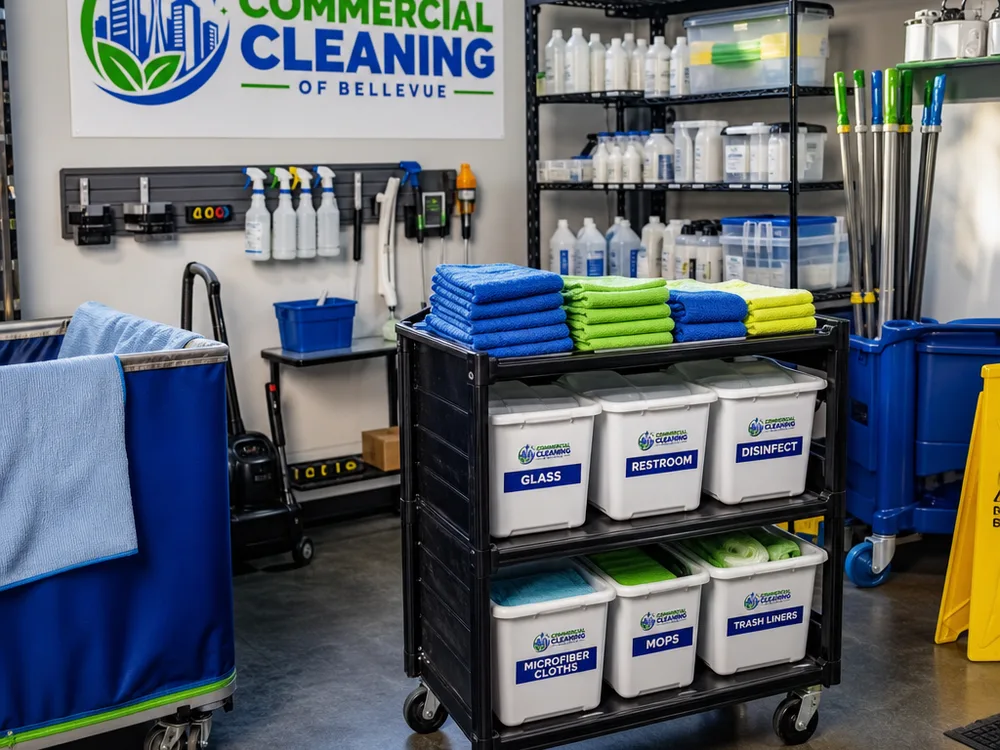 Organized janitorial supply and staging area with labeled containers, microfiber systems, and equipment ready for dispatch